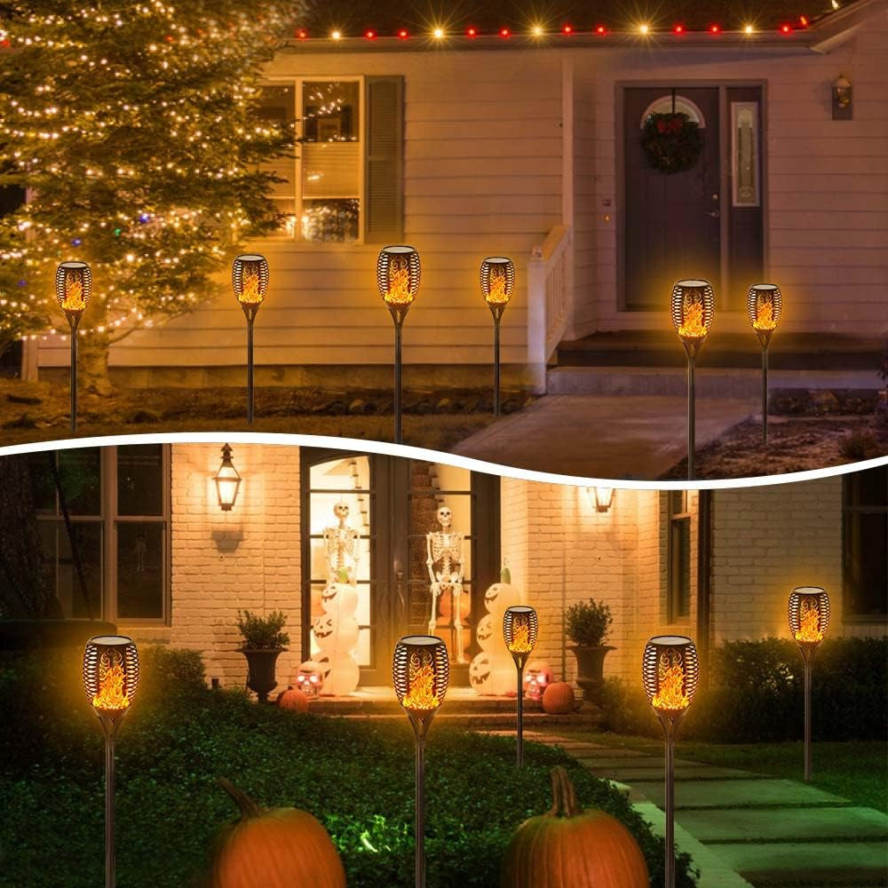 Solar Lights Outdoor 4 Pack, 99 Leds Solar Torch Light with Flickering Flame- IP65 Waterproof Solar Garden Lights, Solar Powered Outdoor Lights for Porch Yard Patio Halloween Decorations