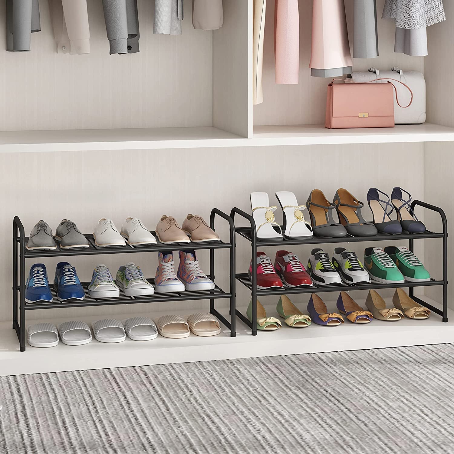 2-Tier Stackable Shoe Rack, Metal Shoe Shelf Storage Organizer, Black