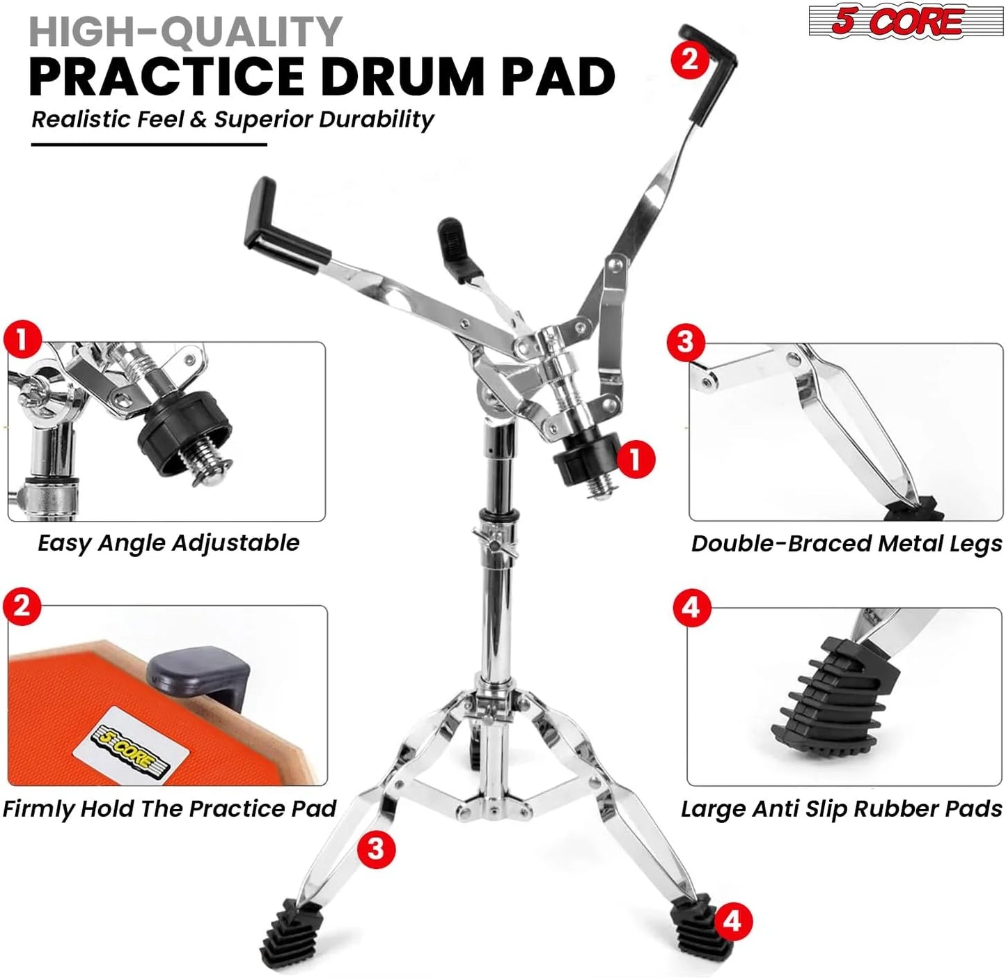 5Core Drum Throne Adjustable Guitar Stool Padded Seat + Drum Practice Pad Snare Drumming Stand