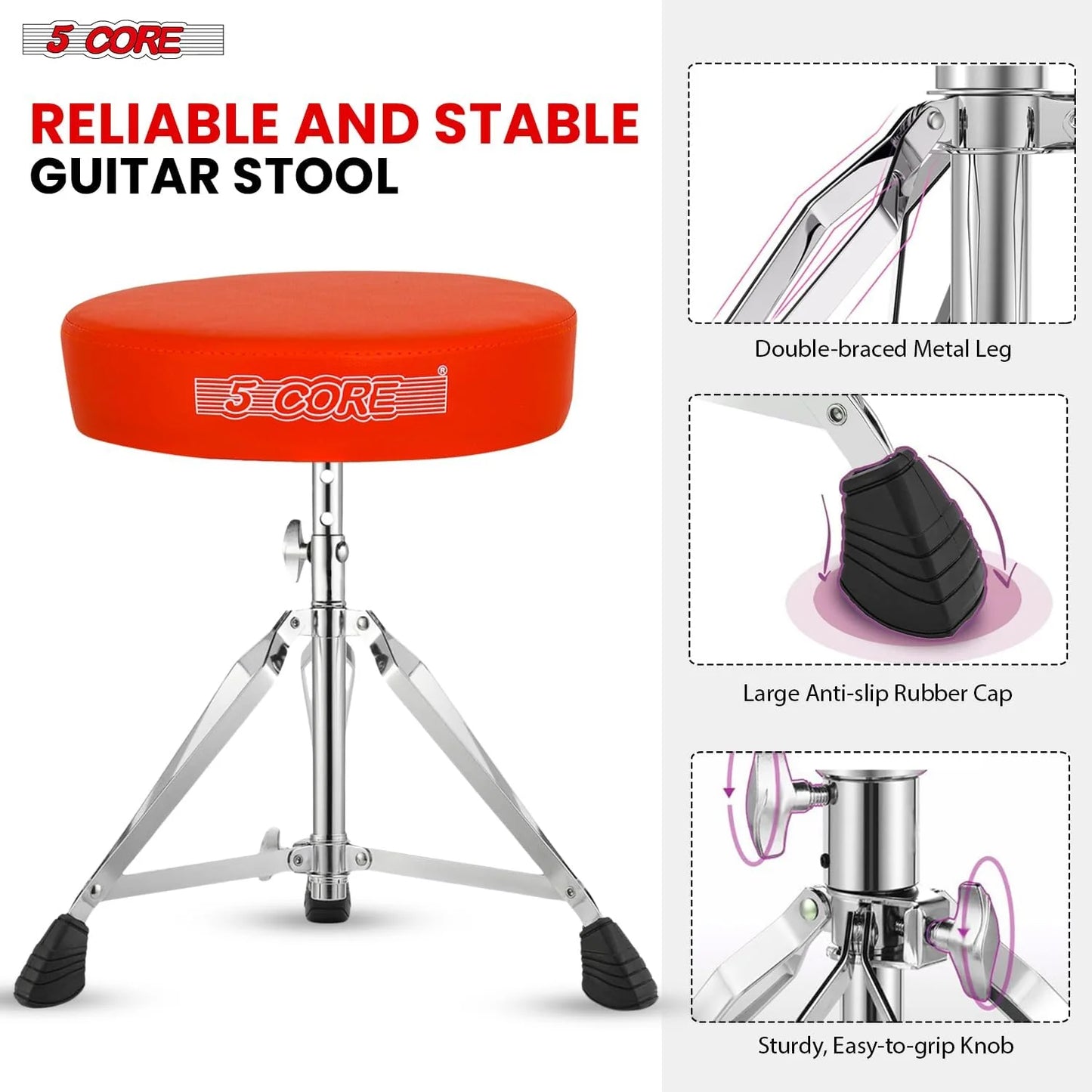 5Core Drum Throne Adjustable Guitar Stool Padded Seat + Drum Practice Pad Snare Drumming Stand