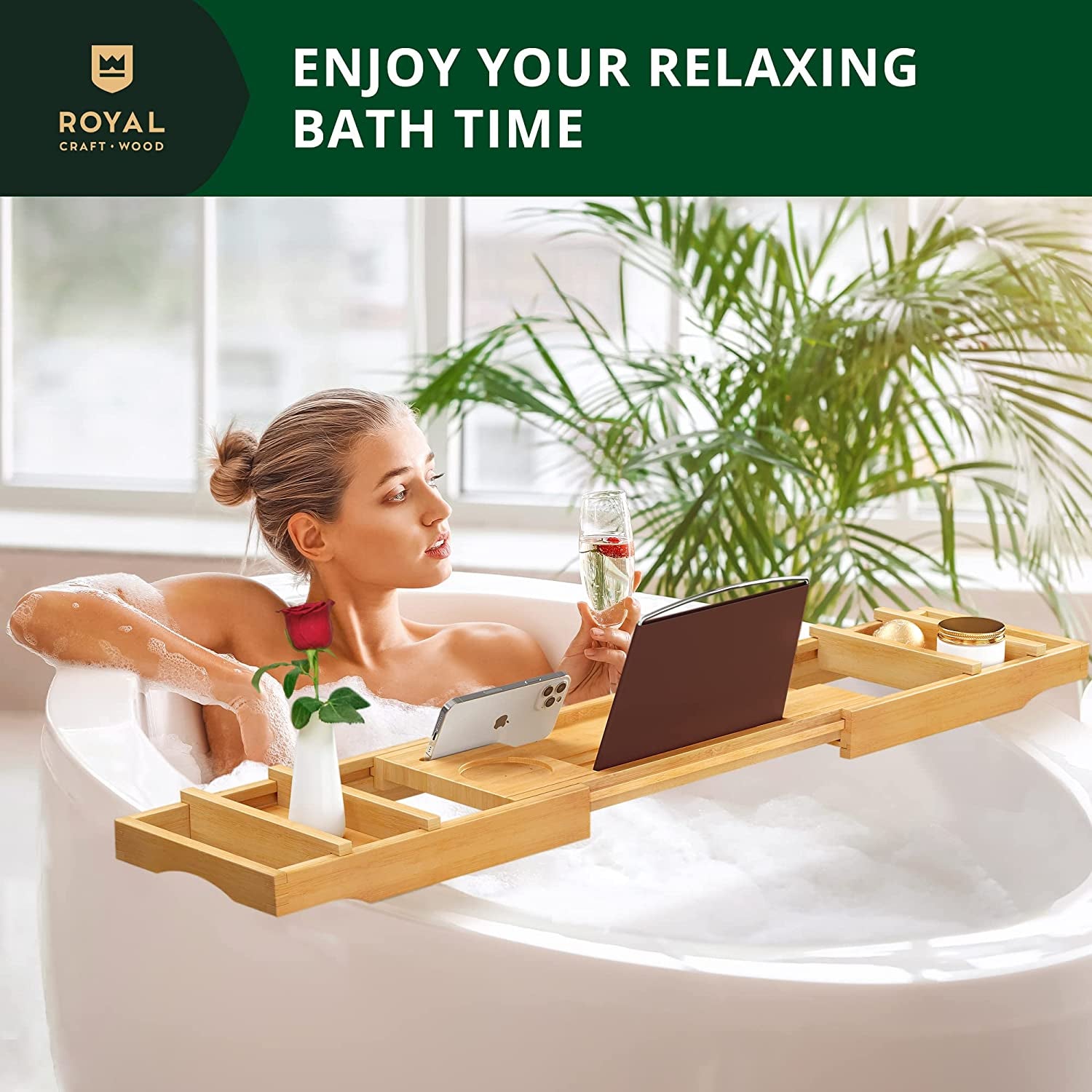 Premium Foldable Bathtub Tray - Wood Bath Tray for Tub, Bamboo Shelf, Expandable Bath Table Trays, Bathtub & Bathroom Accessories for New Home & Mothers Day & Birthday Gifts for Mom