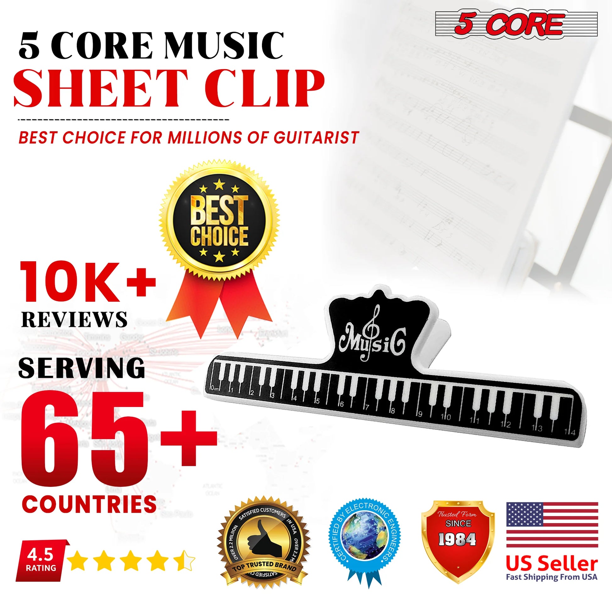 5Core Music Sheet Page Holder Clip Black Durable Plastic Music Score Fixed Clips