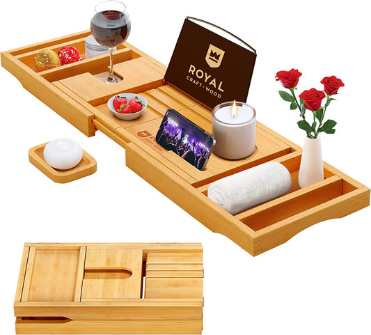 Premium Foldable Bathtub Tray - Wood Bath Tray for Tub, Bamboo Shelf, Expandable Bath Table Trays, Bathtub & Bathroom Accessories for New Home & Mothers Day & Birthday Gifts for Mom