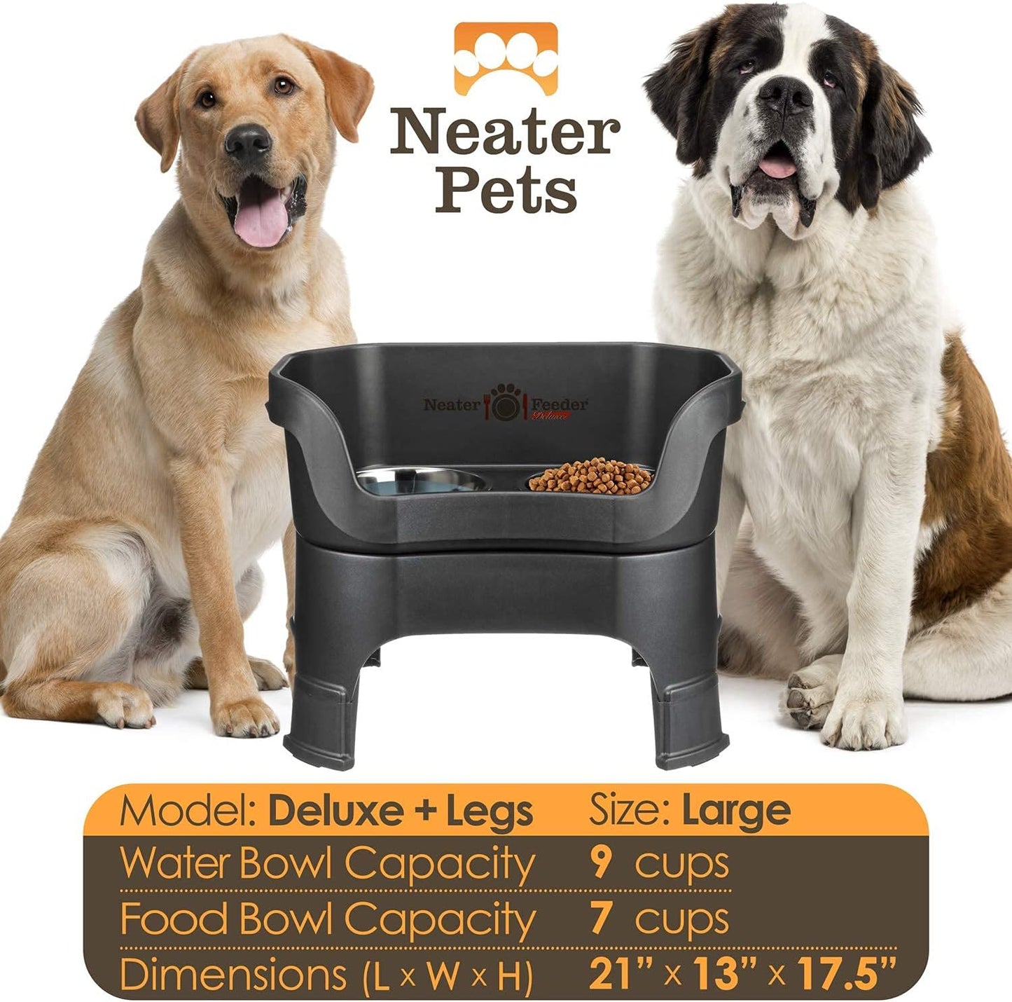 Neater Feeder Deluxe Mess Proof Dog Bowls Elevated for Large Dogs – Made in USA – No Spill Raised Dog Food Bowl Stand W/Leg Extensions – Stainless Steel Dog Food and Water Bowl Set – Black