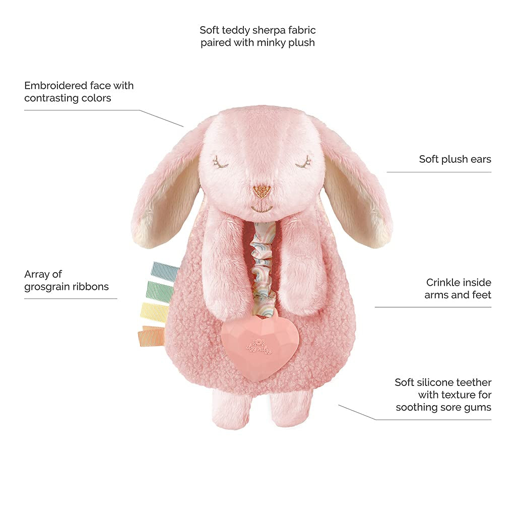 - Itzy Lovey Including Teether - Baby Lovey with Teether, Textured Ribbons & Dangle Arms - Features Crinkle Sound, Sherpa Fabric and Minky Plush (Pink Bunny)