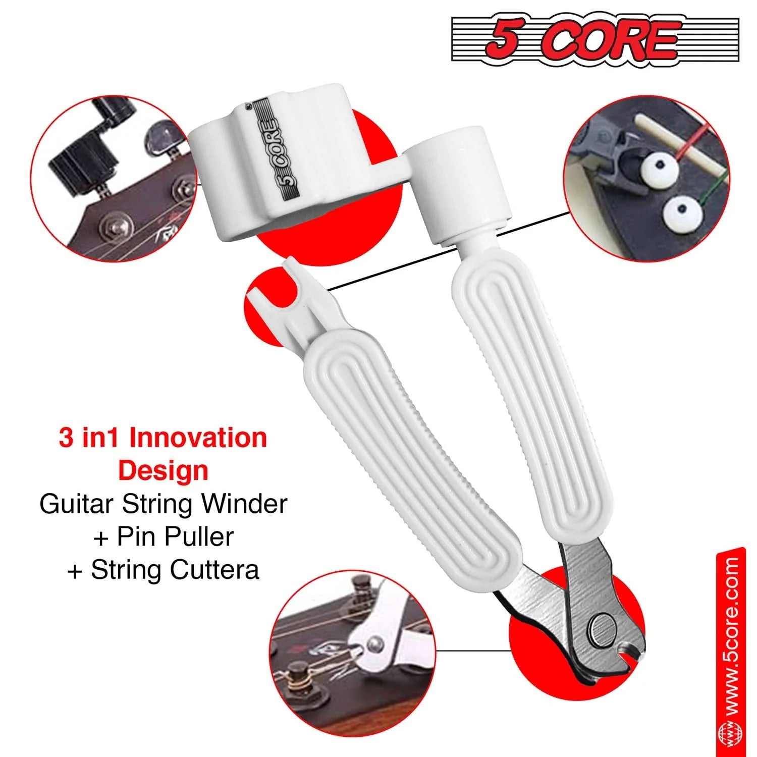 5Core Guitar String Winder Cutter Bridge Pin Remover 3In1 Acoustic Electric Guitars Tool