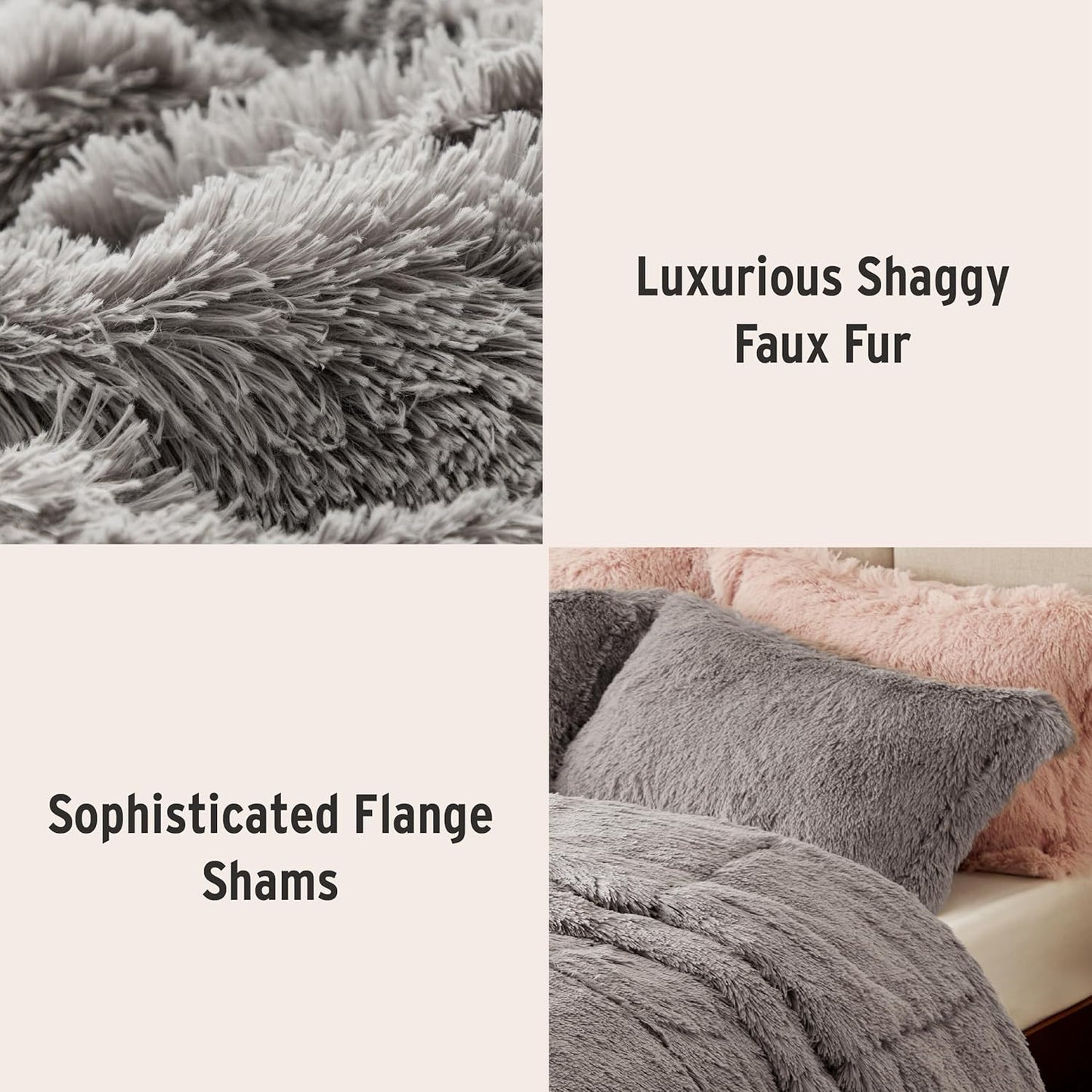 Malea Shaggy Comforter Set, Long Faux Fur Cozy down Alternative, Modern Casual Ultra Soft All Season Fluffy Bedding with Matching Sham, King/Cal King, Grey 3 Piece