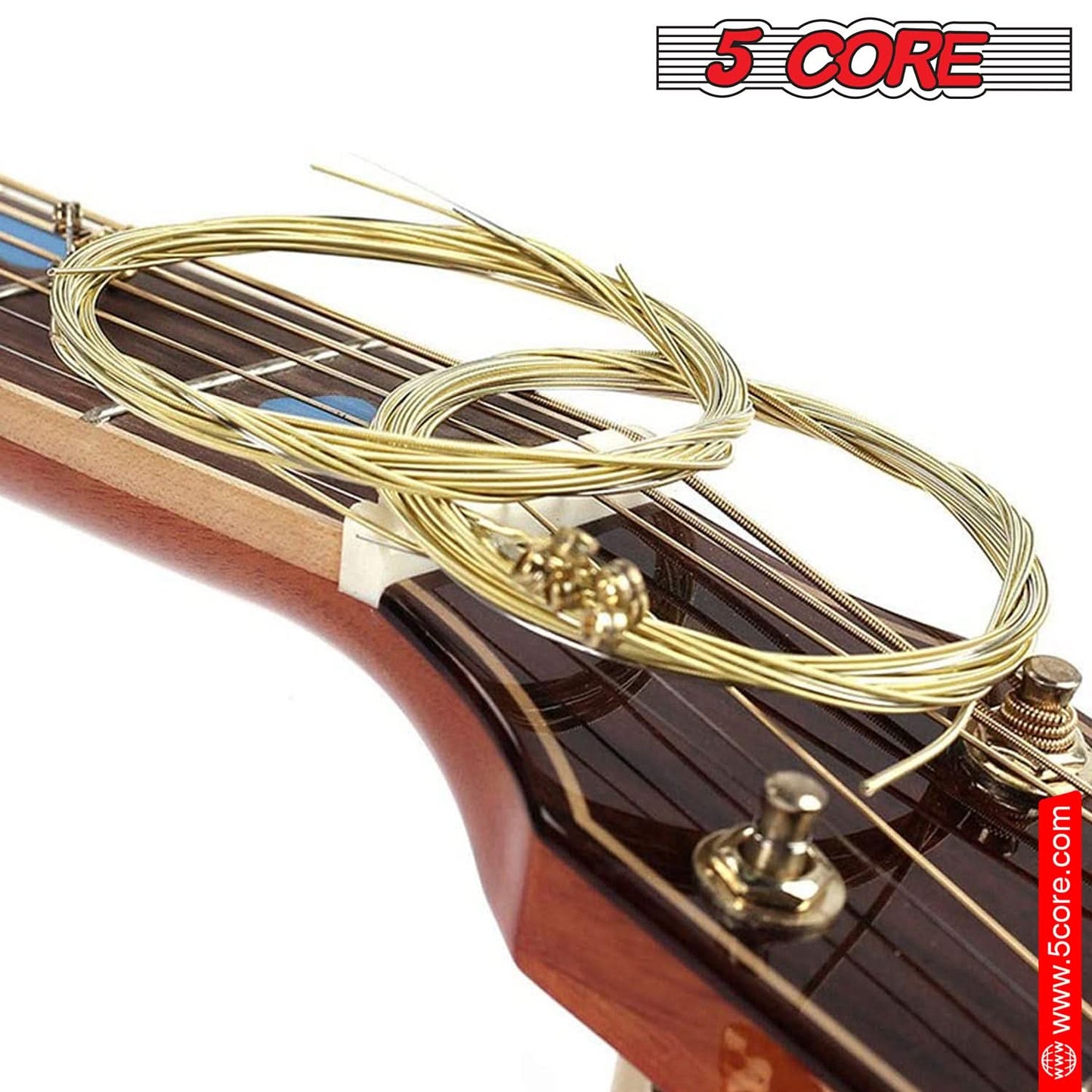 5Core Acoustic Guitar Strings 0.010-0.047 Steel Gauge Heavy Duty W Bright Tone for 6 String Guitars