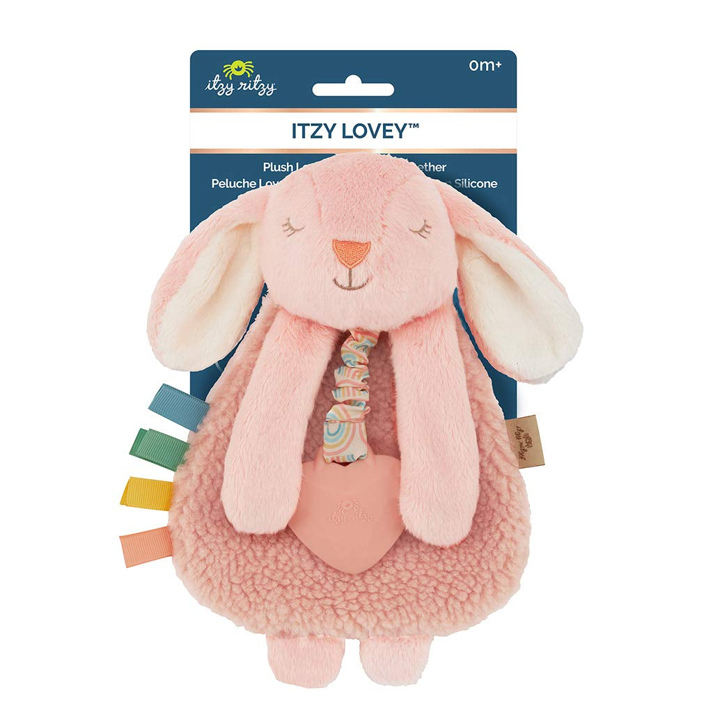 - Itzy Lovey Including Teether - Baby Lovey with Teether, Textured Ribbons & Dangle Arms - Features Crinkle Sound, Sherpa Fabric and Minky Plush (Pink Bunny)