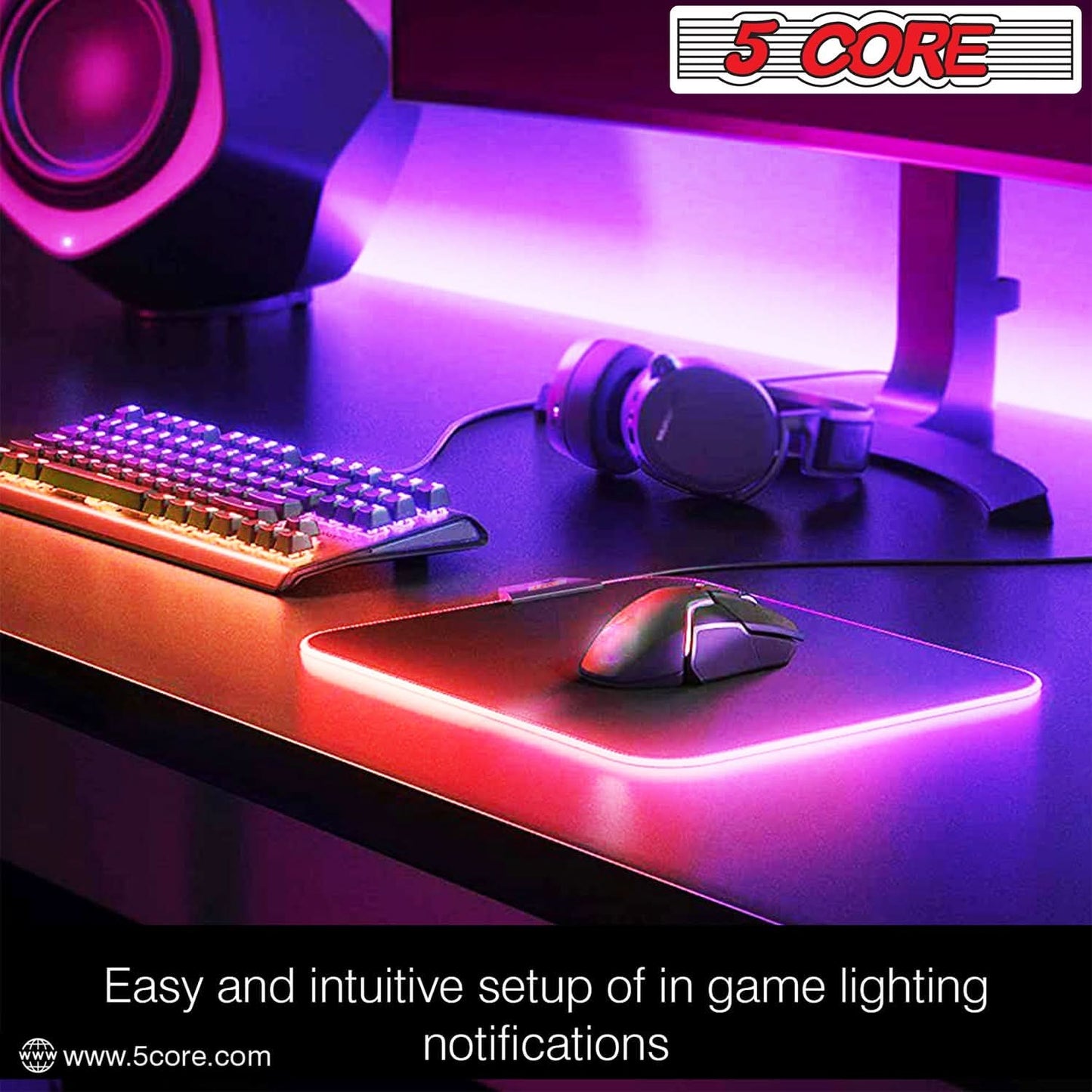 5Core Gaming Mouse Pad RGB 12 Light Modes 2 Zone Desk Mouse Mat W Rubber Base