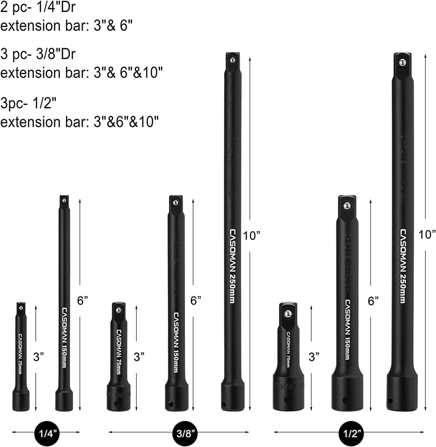 18-Piece Drive Tool Accessory Set, Premium CR-V Steel with Black Phosphate Finish, Includes Socket Adapters, Extensions and Universal Joints and Impact Coupler, Professional Socket Accessories