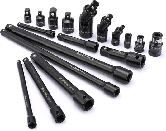 18-Piece Drive Tool Accessory Set, Premium CR-V Steel with Black Phosphate Finish, Includes Socket Adapters, Extensions and Universal Joints and Impact Coupler, Professional Socket Accessories