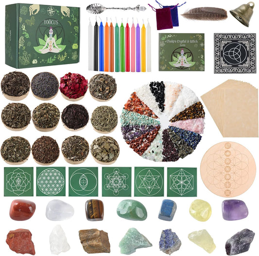 Witchcraft Supplies Kit 84 Packs with Chakra Crystals, Healing Stones, Dried Herbs, Candles & Accessories for All Ages