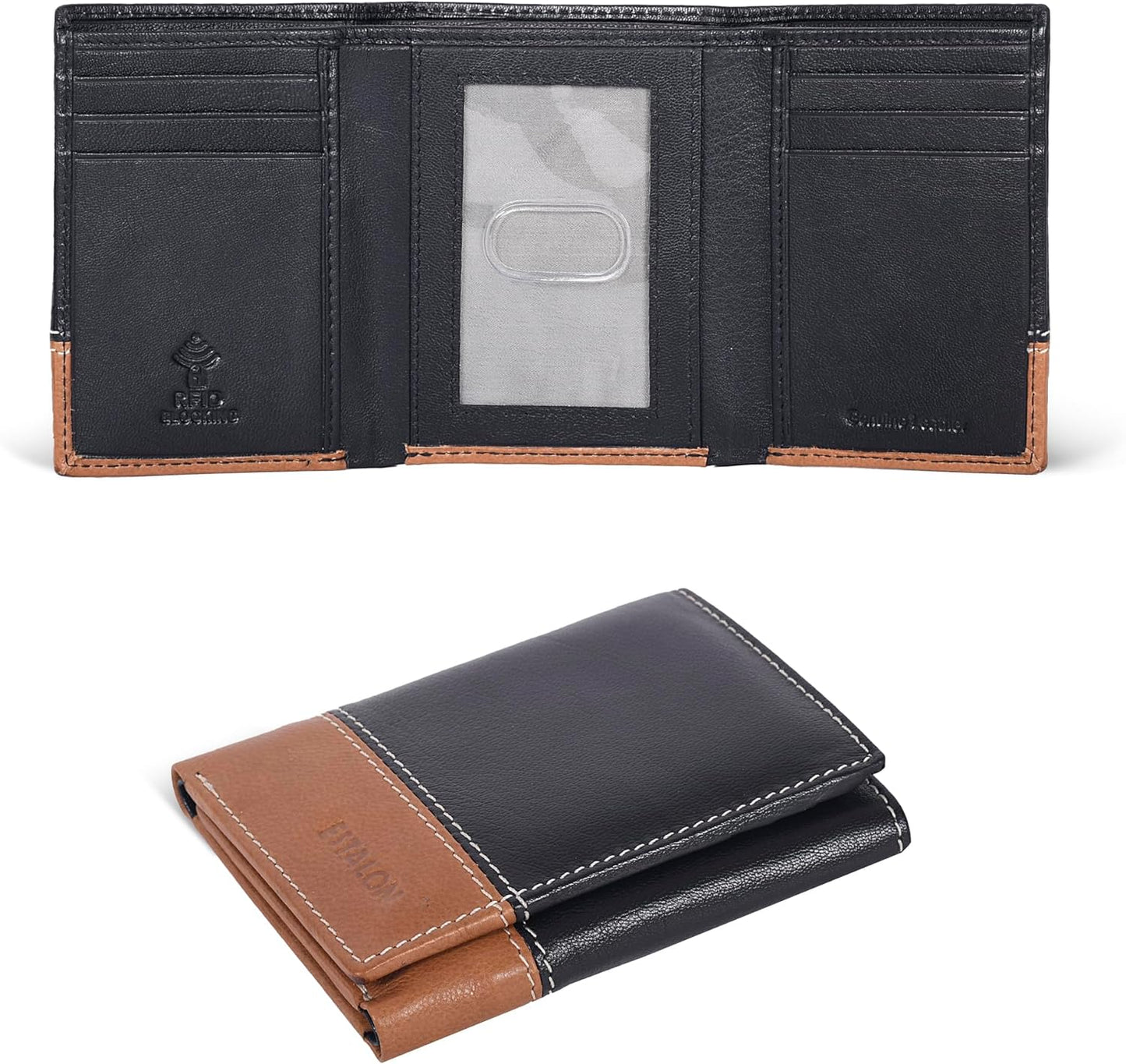 Leather Trifold Wallet for Men - RFID Blocking - 6 Card Slots, 2 Slip Pockets & 1 Front ID Window - Minimalist Design, Slim Wallet