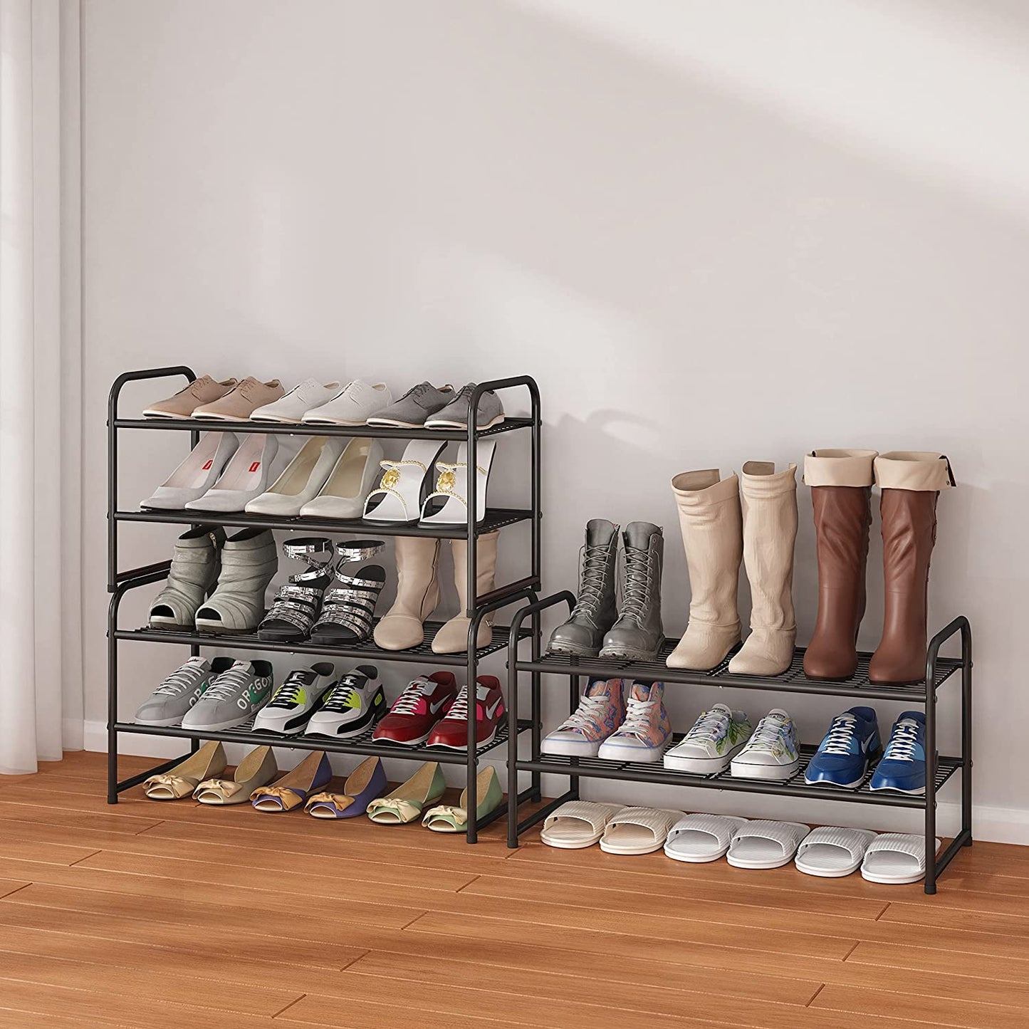 2-Tier Stackable Shoe Rack, Metal Shoe Shelf Storage Organizer, Black