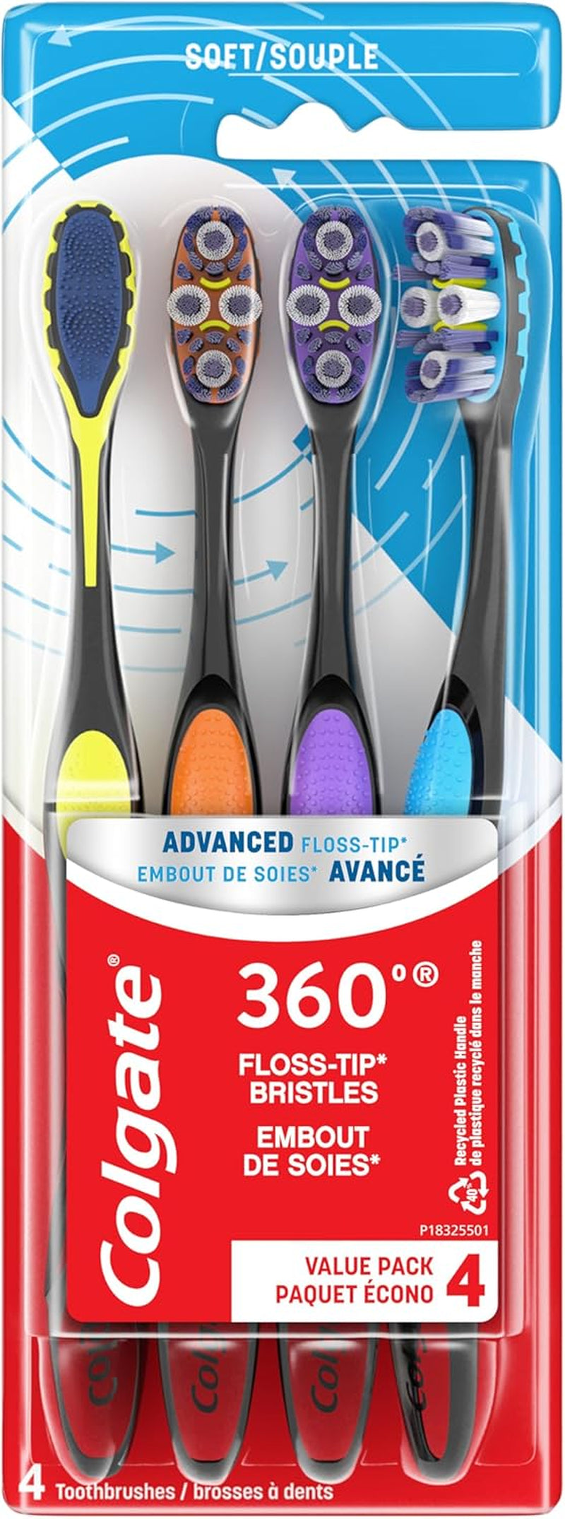 360 Advanced Floss Tip Toothbrush, Soft Toothbrush for Adults, 4 Pack