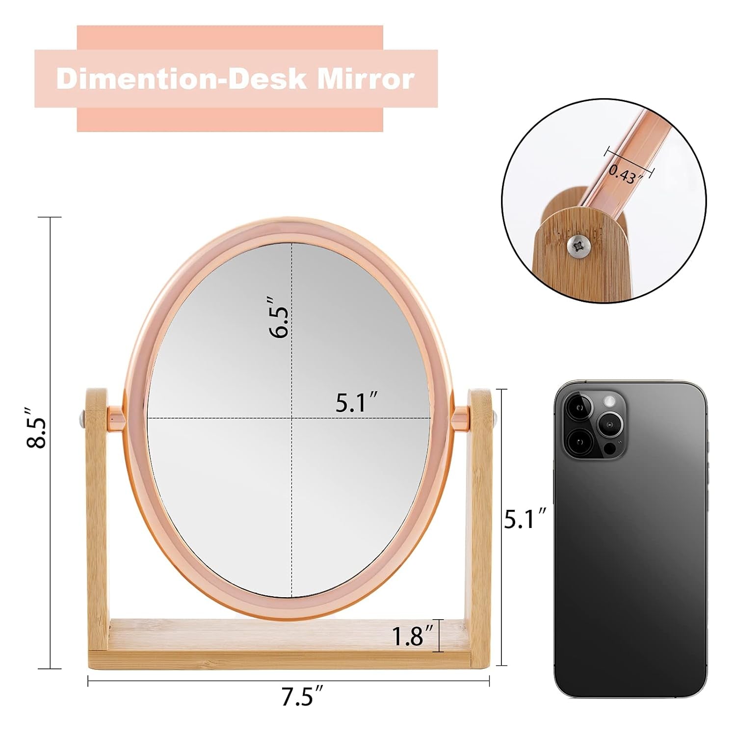 Double Sided 10X Magnifying Makeup Mirror with Bamboo Stand,Small Desk Table Mirror with 360° Rotation,Standing Portable Cosmetic Mirror,Good for Tabletop,Traveling(Rose Gold,Oval)