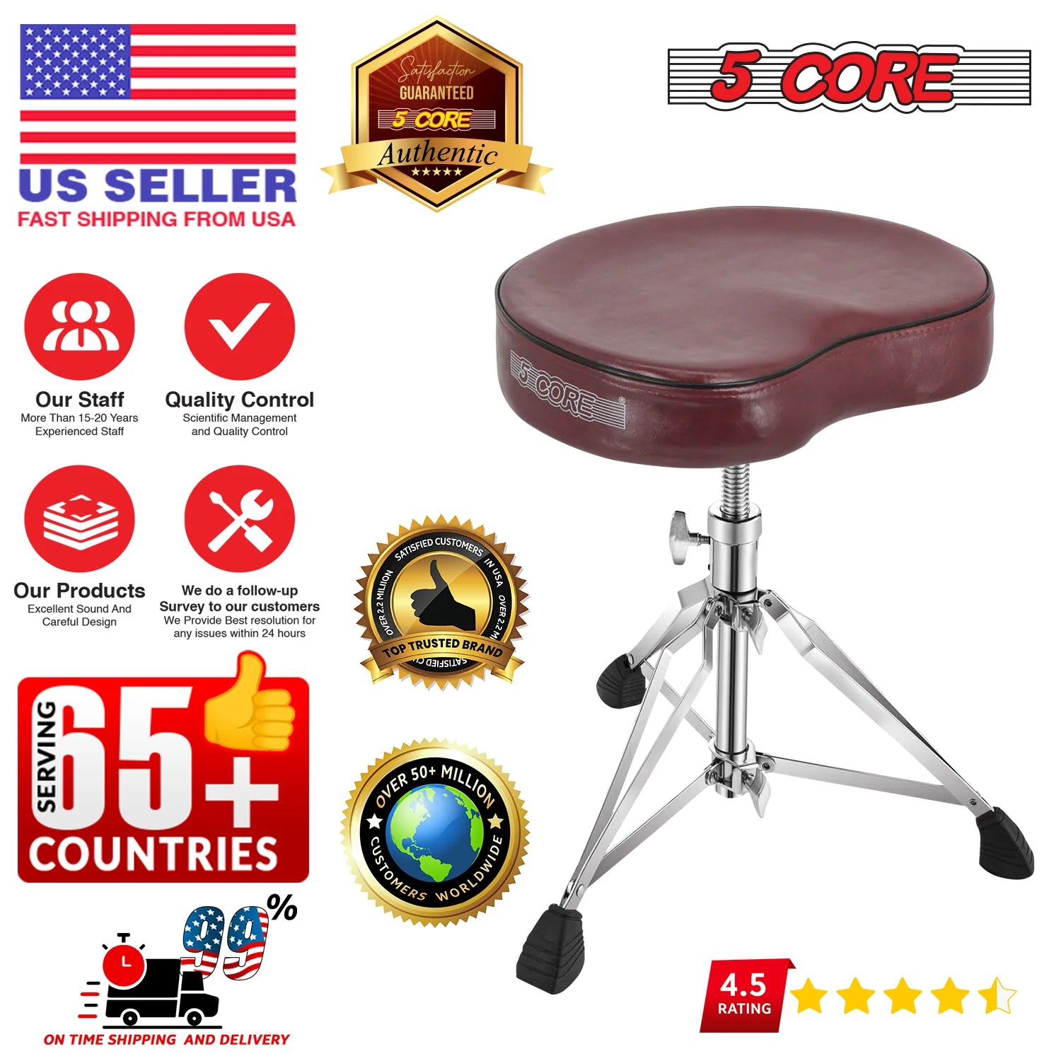 5Core Drum Throne Padded Guitar Stool Saddle Drummer Seat for Adults & Kids