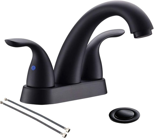 4 Inch 2 or 3 Holes 2 Handles Centerset Matte Black Lead-Free Bathroom Sink Faucet, Bathroom Faucet with Copper Pop up Drain and Water Supply Lines, BF008-5-MB