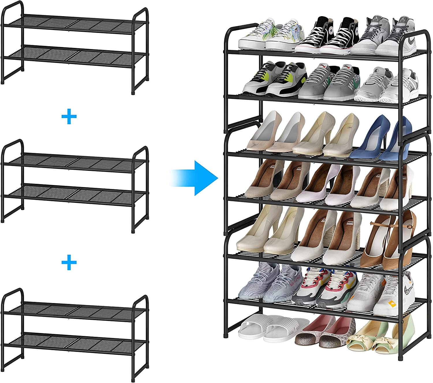 2-Tier Stackable Shoe Rack, Metal Shoe Shelf Storage Organizer, Black