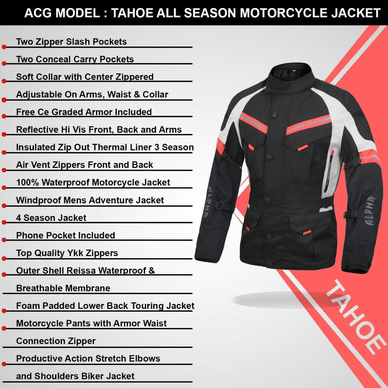 ACG TAHOE-J106 MOTORCYCLE ADV JACKET (BLACK/RED, MEDIUM)