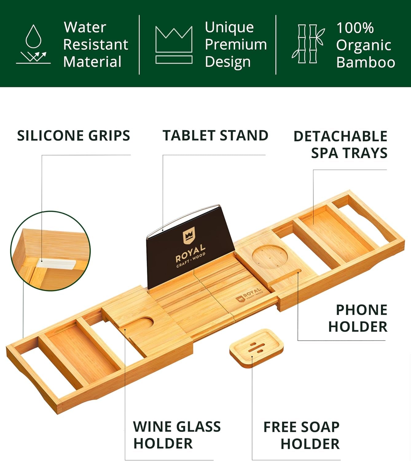 Premium Foldable Bathtub Tray - Wood Bath Tray for Tub, Bamboo Shelf, Expandable Bath Table Trays, Bathtub & Bathroom Accessories for New Home & Mothers Day & Birthday Gifts for Mom