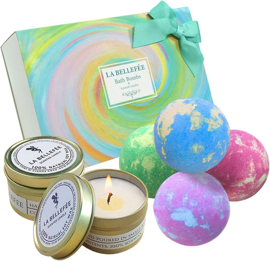 Bath Bombs Scented Candles Set, Handmade Essential Oil Relaxing Bathbombs, Bubble Spa. Bath Bombs for Women Gifts for Women Mothers Day Gifts. Fizzy to Moisturize Dry Skin (4 Bath Bomb+2 Candles)