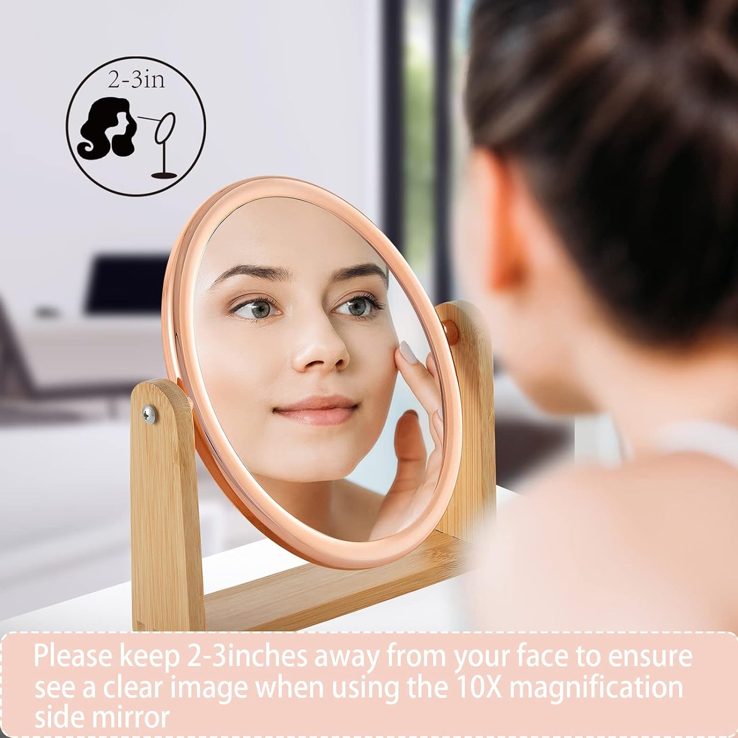 Double Sided 10X Magnifying Makeup Mirror with Bamboo Stand,Small Desk Table Mirror with 360° Rotation,Standing Portable Cosmetic Mirror,Good for Tabletop,Traveling(Rose Gold,Oval)