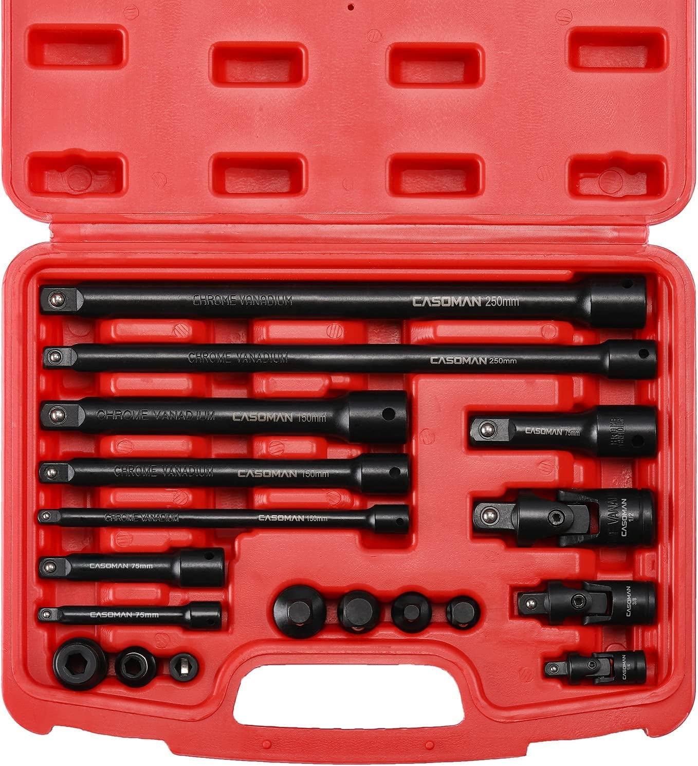 18-Piece Drive Tool Accessory Set, Premium CR-V Steel with Black Phosphate Finish, Includes Socket Adapters, Extensions and Universal Joints and Impact Coupler, Professional Socket Accessories