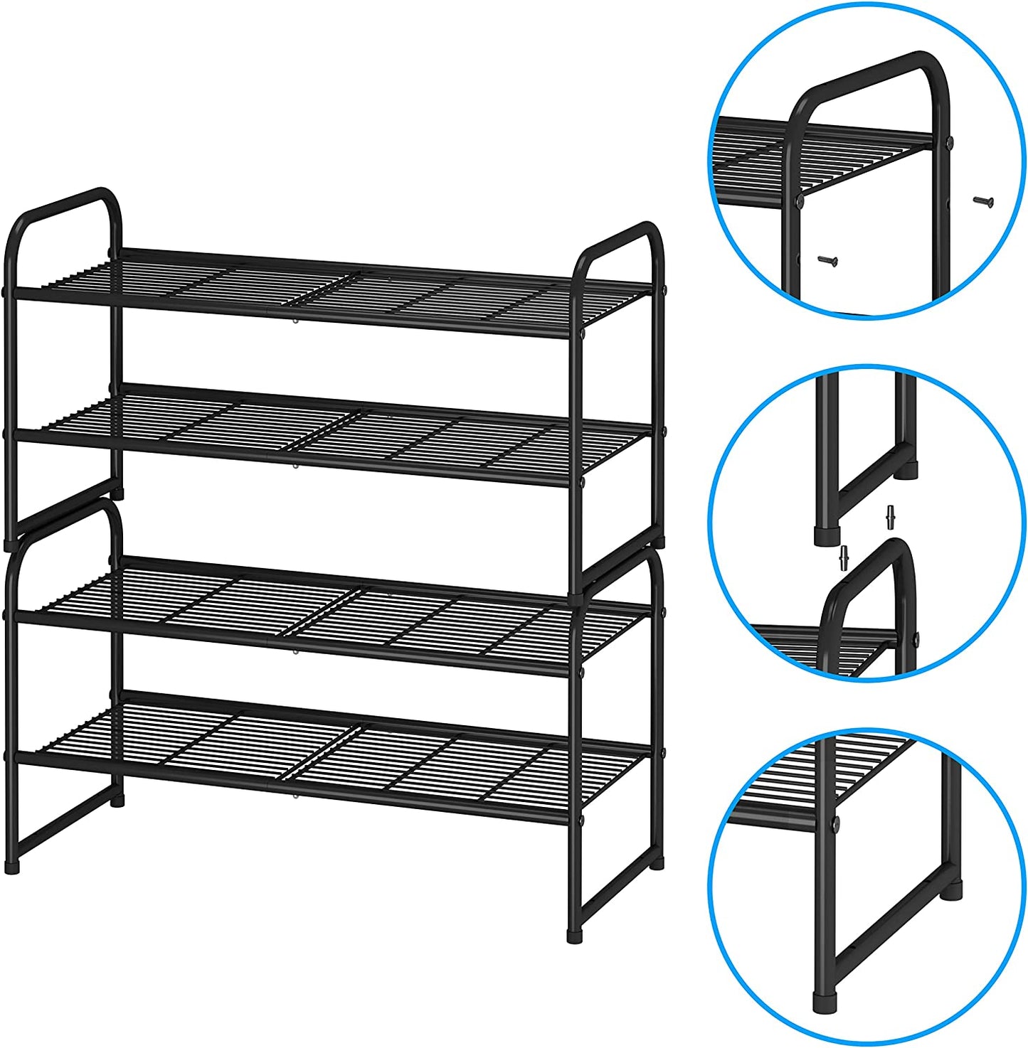 2-Tier Stackable Shoe Rack, Metal Shoe Shelf Storage Organizer, Black