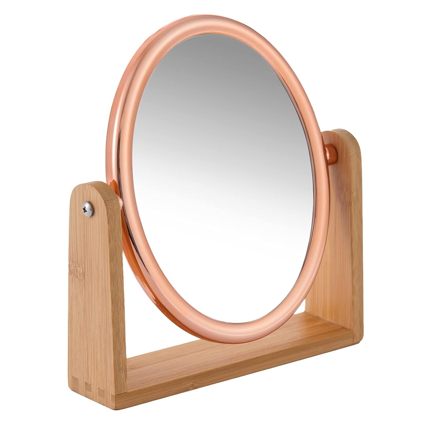 Double Sided 10X Magnifying Makeup Mirror with Bamboo Stand,Small Desk Table Mirror with 360° Rotation,Standing Portable Cosmetic Mirror,Good for Tabletop,Traveling(Rose Gold,Oval)