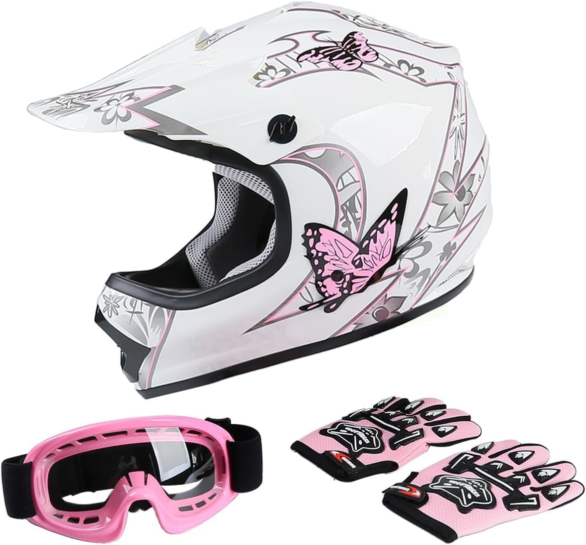 DOT Youth Kids Four Wheeler Girls Riding Helmets Motocross ATV Helmets Offroad Street Dirt Bike Go-Kart BMX MX Full Face Helmet Pink Butterfly Medium Size