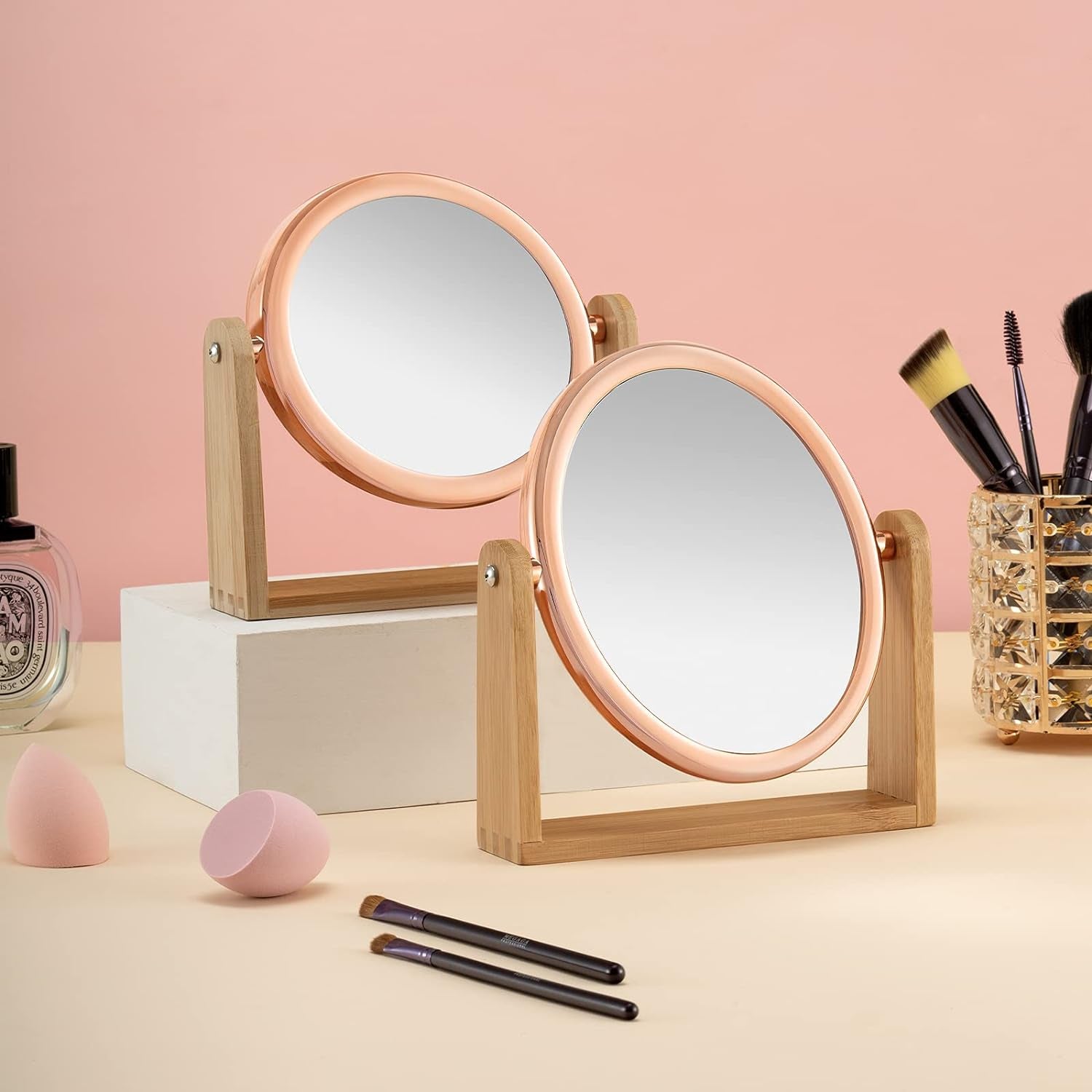 Double Sided 10X Magnifying Makeup Mirror with Bamboo Stand,Small Desk Table Mirror with 360° Rotation,Standing Portable Cosmetic Mirror,Good for Tabletop,Traveling(Rose Gold,Oval)