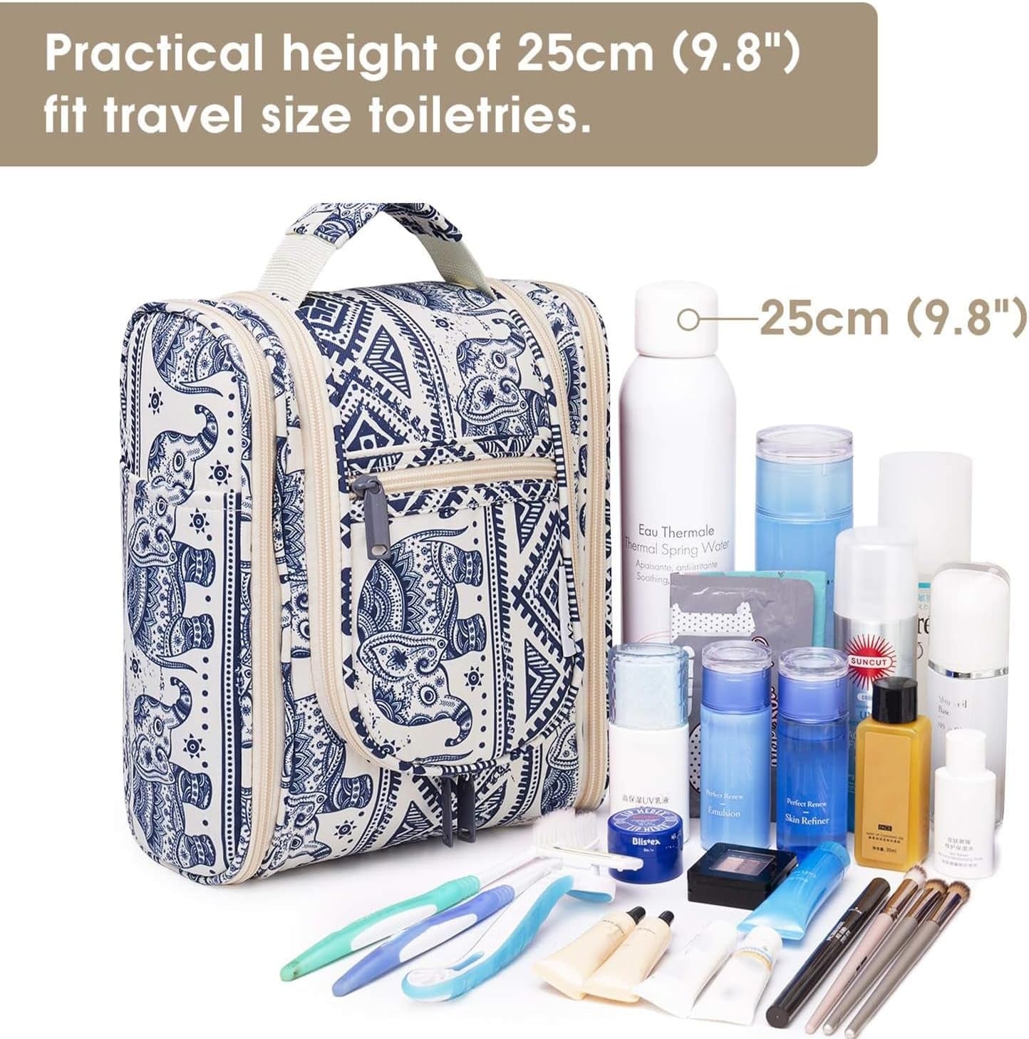 Small Hanging Toiletry Bag Women Travel Makeup Bag Organizer Toiletries Bag for Travel Size Essentials Accessories Cosmetics (Medium, Elephant)