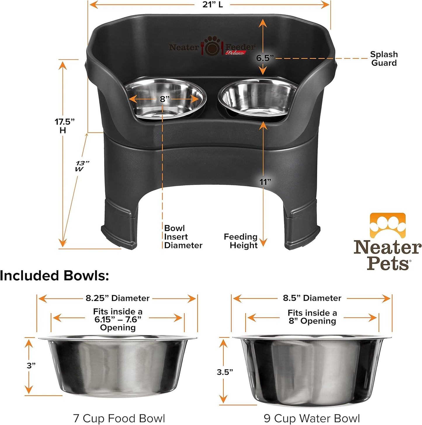 Neater Feeder Deluxe Mess Proof Dog Bowls Elevated for Large Dogs – Made in USA – No Spill Raised Dog Food Bowl Stand W/Leg Extensions – Stainless Steel Dog Food and Water Bowl Set – Black